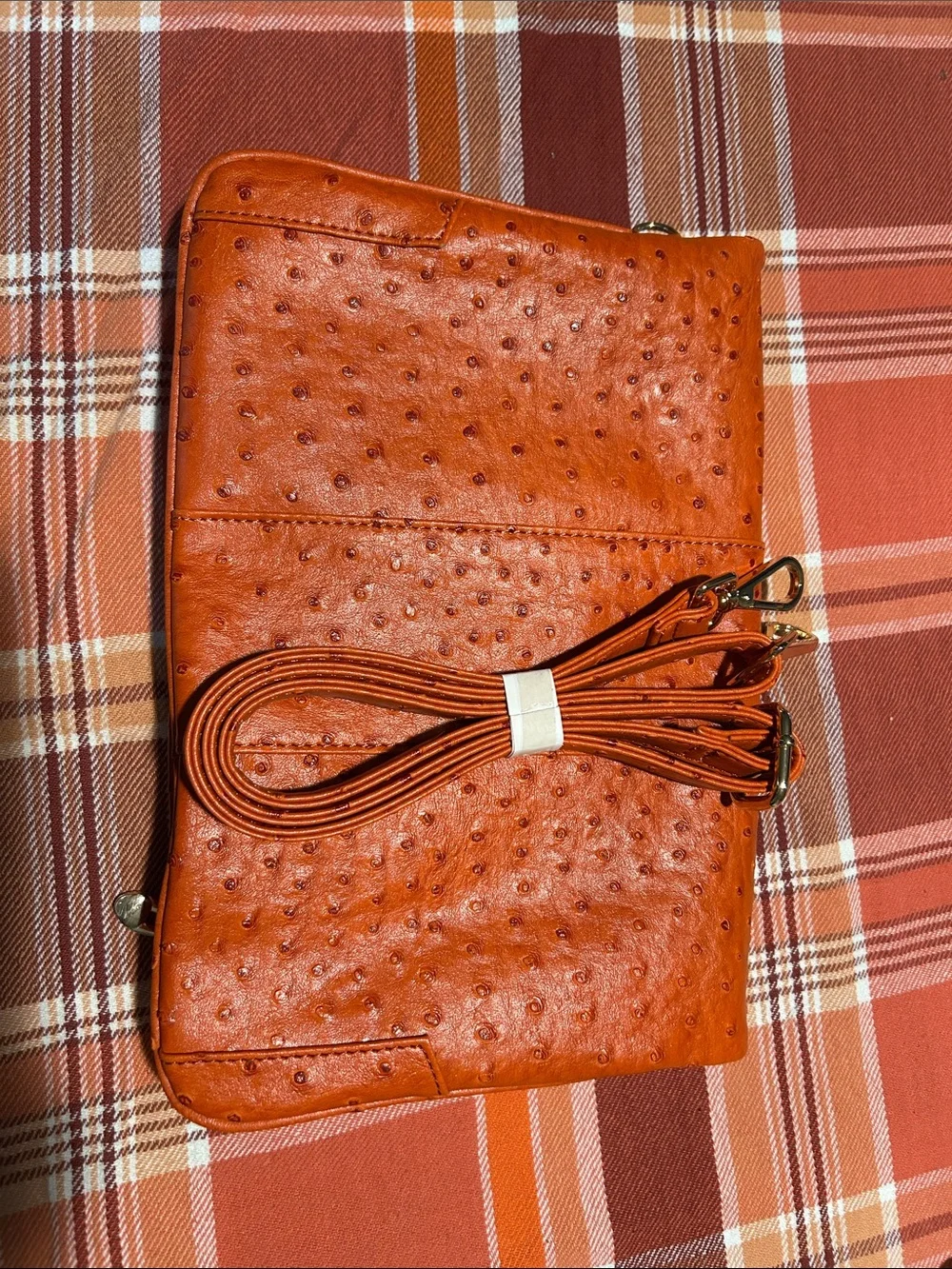 Cri De Coeur Orange FEAUX Ostrich -Texture Zip Bag with Pink Details